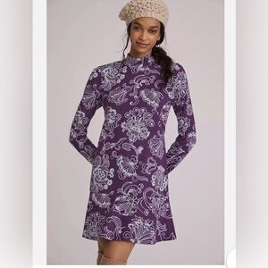 Anthropologie Floral Cut Out Back Mock Neck Long Sleeve Purple Mini Dress